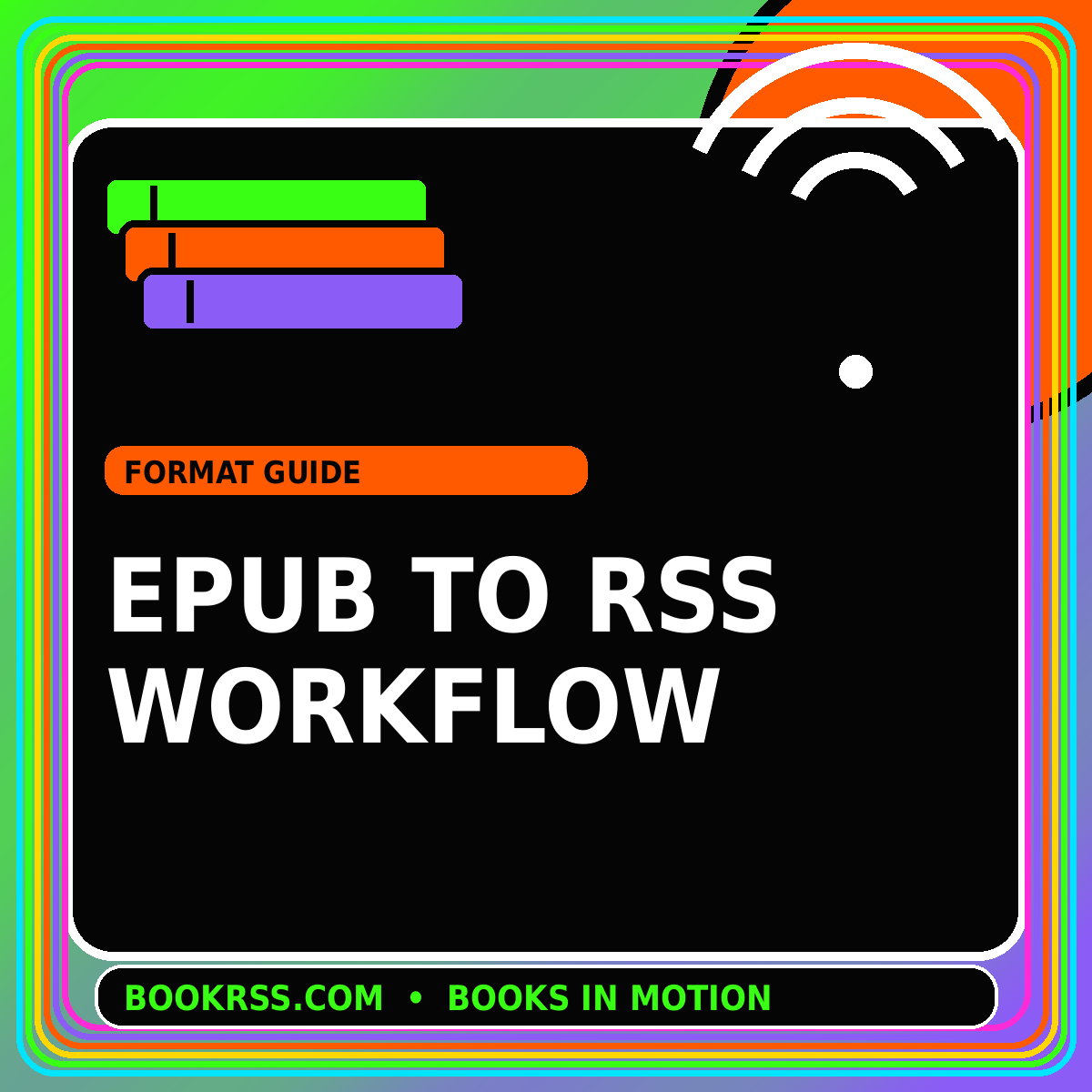 Neon editorial card for EPUB to RSS Workflow